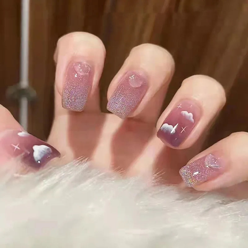 Hnewly 24P Short Round Press On Nails Art Simple Skip-color Red-brown Full Cover Artificial Fake Nails Gradient Whiten False Nail Tips