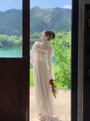Hnewly  Spring Summer Women Elegant French Square Neck Long Sleeve Maxi Dress A Line Pleated Long Dress Chic Ladies Party Prom Gown