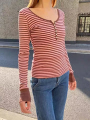 Hnewly  Pink Brown Striped Long Sleeve T-shirt Woman Spring Six Buttons O-Neck Cotton Slim Tee Sweet Preppy Style Fashion Tshirt Y2k Top