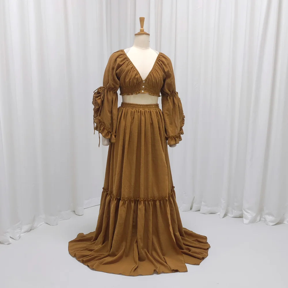 Hnewly  Bohemian Photo Shooting Pregnancy Dress Comfortable Cotton Pleated Sleeves Two-Piece Set Maternity Photography Dress Outfit