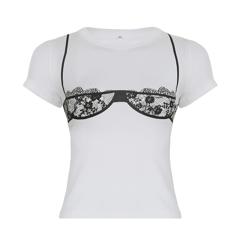 Hnewly Chic Print White Short Sleeve Crop Top Women Casual Crewneck Skinny Tee Shirts Summer Basic T Shirt y2k Aesthetic Shirts