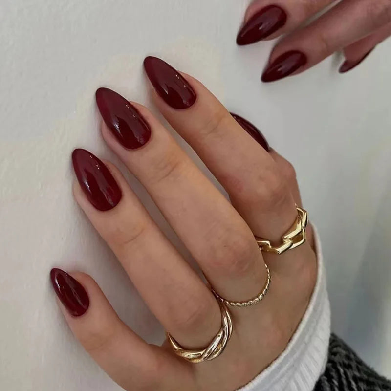 Hnewly 24Pcs Solid Color Grey Almond Fake Nail Cat's Eye Design Wearable Round Head False Nails with Shiny Powder Press on Nails