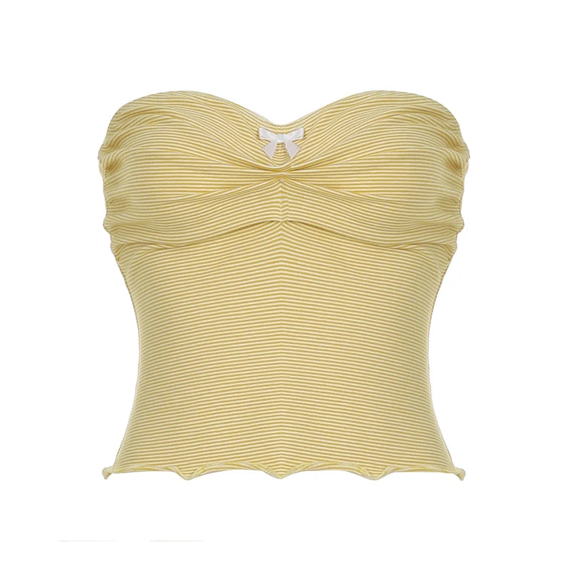 Hnewly Summer Kawaii Striped Crop Top Cute Coquette Bow Stitching Sleeveless Tube Top Women y2k Vintage Knitted Vest Casual Tees