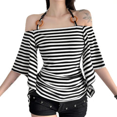 Lunivop  Euramerican Chic Fashion Vintage Halter Beading T Shirts Y2k High Street Flare Sleeve Summer Clothes Harajuku Casual Striped Top