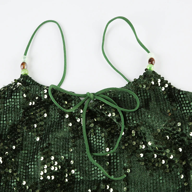 Hnewly Summer Party Sequin Camis y2k Retro Green Sleeveless Lace-up Skinny Crop Top for Women Vintage 2000s Strap Tees Aesthetic