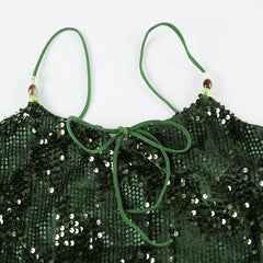 Hnewly Summer Party Sequin Camis y2k Retro Green Sleeveless Lace-up Skinny Crop Top for Women Vintage 2000s Strap Tees Aesthetic