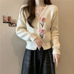 Hnewly  Flower Applique Knit Cardigan Autumn Winter Women Cardigan Sweater Coats Long Sleeve Crop Knitted Jackets Cute Outfit