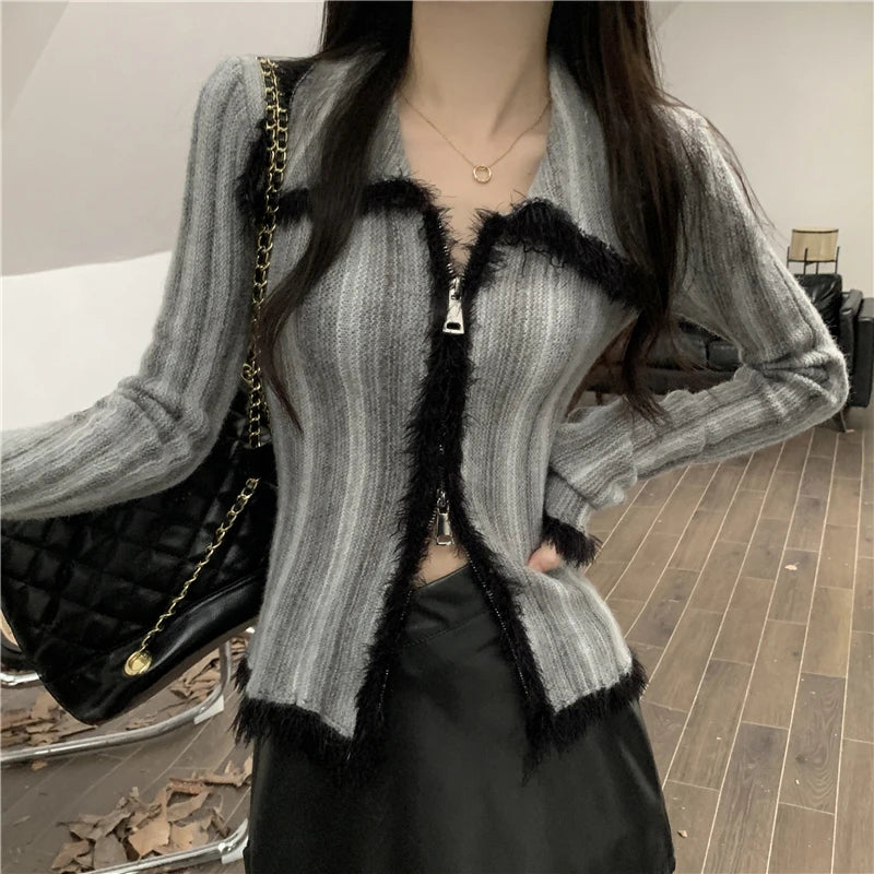 Hnewly Vintage Gradient Polo Zipper Cardigan Women Autumn Winter Long Sleeve Cashmere Sweater Knitted Top Outwear Jumpers