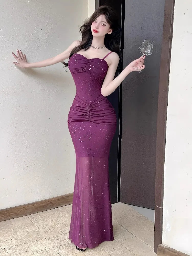 Hnewly  Women Dresses Sleeveless Mesh Patchwork Elegant Slash Neck Sexy Fashion Mermaid Dress Party Female French Style