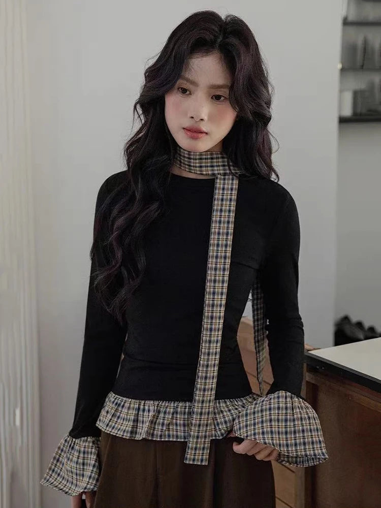 Hnewly Korean Chic Patchwork Women Black Pullover Autumn New Plaid Stitching Fake 2 Pieces Top Sweet Bow Tie Long Sleeve T Shirts Mujer