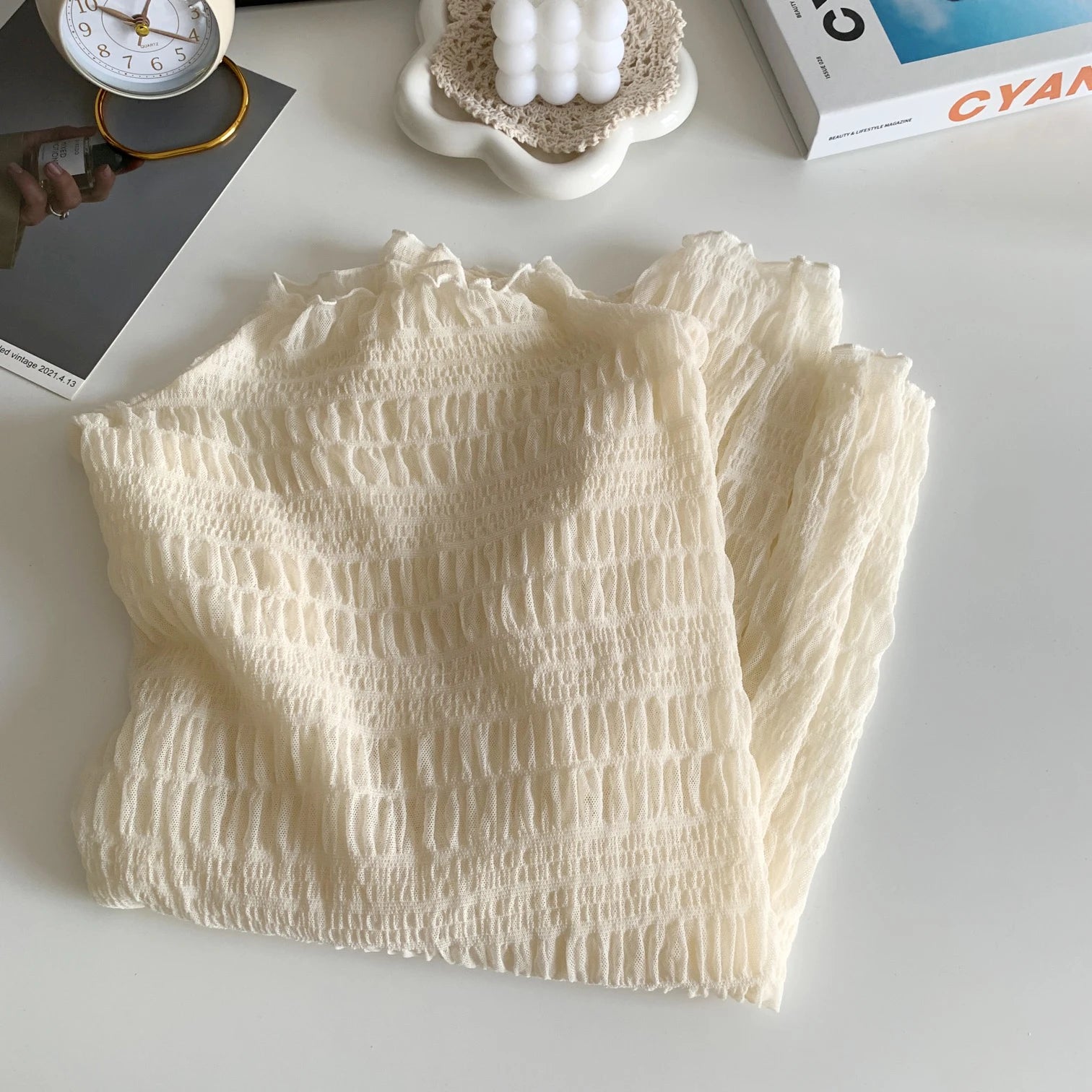 Hnewly Women T-Shirts Vintage Pleat Long SleeveTop Spring Autumn Mesh Fabric Lace Half Turtleneck Korean Fashion All-match Shirt