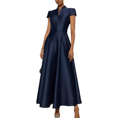 Hnewly  Elegant Pure Color Knitted Satin Short Sleeve Waist Cinched Maxi Dress Stylish Commute Dress for Banquet V-Neckline Bodycon