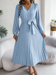 Hnewly  Autumn Winter Elegant V-Neck Button Belt Long Sleeved Solid Color Pleated Long Dress For Women Dresses