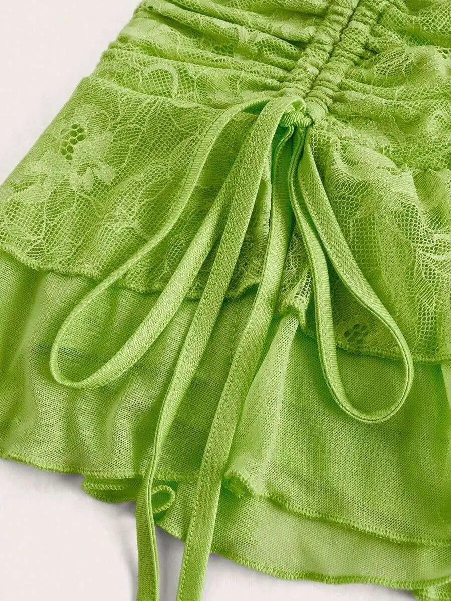 Hnewly  Ultra Low-Waist Lace Mesh Double Layer Pleated Wrap Tie High Slit Skirt