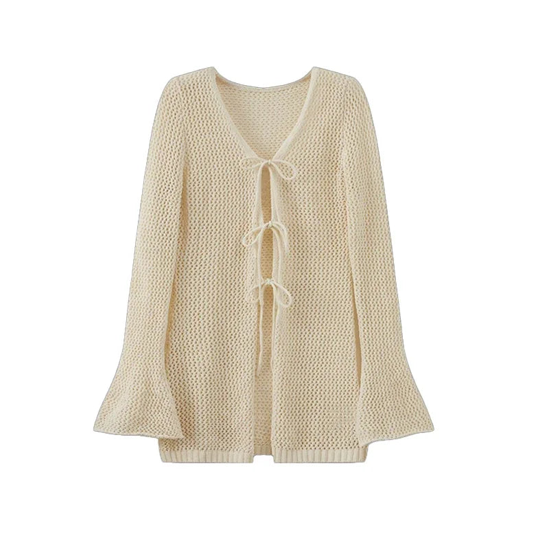 Hnewly  Tie Front Open Knit Cardigan Women Long Sleeve Longline Sweater Jacket Sheer Beach Cover-Up Ladies Boho Vacation Outfit