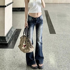 Hnewly  Harajuku Vintage Low Waist Jeans for Women Streetwear Y2K Slim Fit Long Pants Woman Spring Autumn Retro Flared Denim Trousers