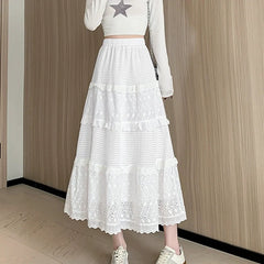 Hnewly  Elegant Lace Patchwork White Cake Skirt Women Summer Hollow Out Draped Long Skirts Lady Casual A-Line Elastic Waist Skirt Mujer