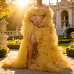 Hnewly  Bridal-Style Tulle Maternity Bathrobe - Fluffy Long, Custom-Made, Sexy Sleepwear Gown for Pregnancy Photoshoot