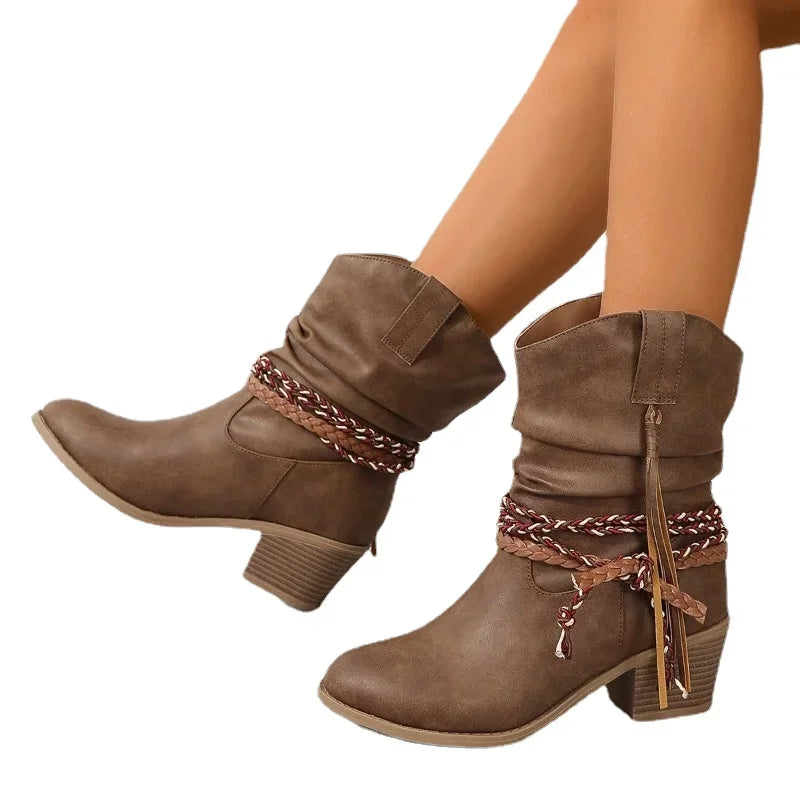 Hnewly outfit inspo winter Women's Shoes Slip-on Women's Boots Fashion Pleated Daily  Boots Women Hot Sale Round Toe Square Heel Ankle Boots