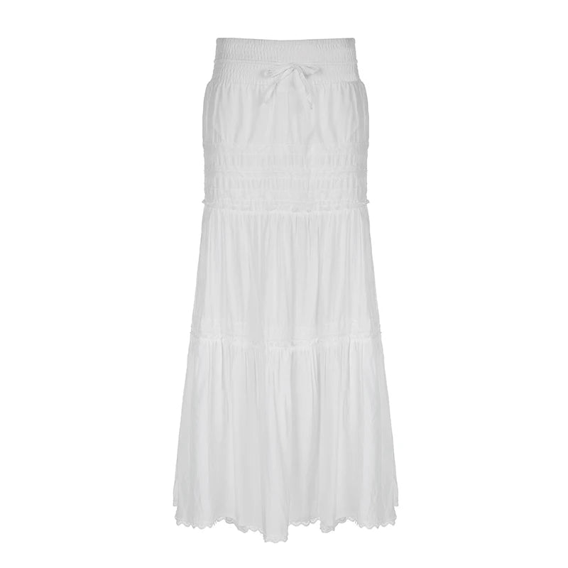 Hnewly Elegant Lace Stitching Long Skirt Holiday Oversized Loose Low Rise White Floor-Length Skirts for Women y2k Fairycore Lady