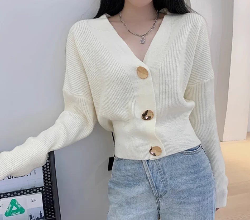 Hnewly  Metallic Gold Button Cardigan Women Rib Knit Long Sleeve V-neck Button-up Crop Jacket Korean Fashion Fall Winter Outfit