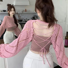 Hnewly  Y2K Two-Sided Knitted Tops Women Hollow Long Sleeve Sweet Lace-Up Sweater Harajuku Casual Backless Solid Lady Blouse