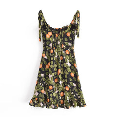 Lunivop  Retro French Black with Green Leaves Floral Print Mini Dress Sexy Women Wood ear Ruffles Hem Tide Bow Strap Sling Holiday Robe
