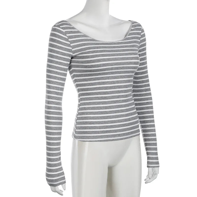 Hnewly Grunge Top y2k Clothes Women Cybercore Striped Off Shoulder Long Sleeve T Shirt 2000s Gothic Clothing Fall Streetwear