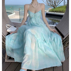 Hnewly  Seaside Vacation Tea Break French Halter Dress Fairy Temperament Long Skirt Backless Bow Tie Flowy Tiered Beach Dresses
