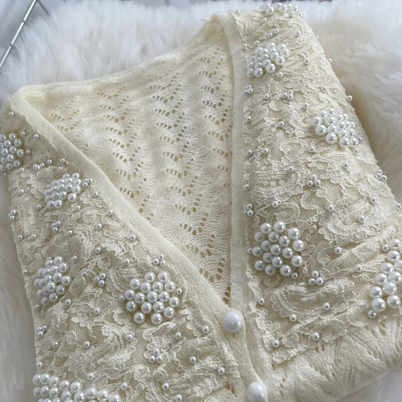 Hnewly  Women Luxury Pearls Beaded Mohair Sweater V-neck Hollow Out Thin Loose Knitted Cardigan Korean Elegant Long Sleeved Spring Top