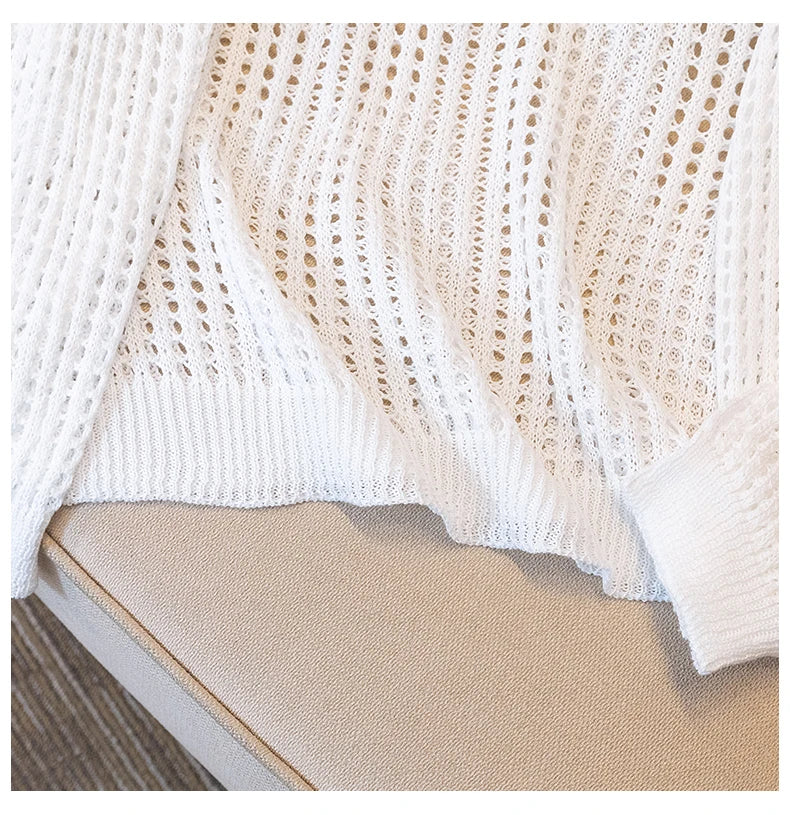 Hnewly  Women Mesh Top Oversized Long Sleeve T-shirts Crew Neck Loose Casual Knit Tees See-Through Openwork Knit Top Women Spring Summer