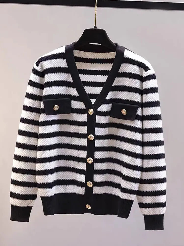 Hnewly  Elegant Striped Knit Cardigan Sweater Spring Autumn New V-neck Long Sleeved Jacket Women's Fashion Gold Button Coat Top
