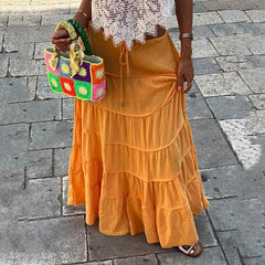 Hnewly  Summer Beach Vacation Long Skirt Women Solid Color Lace Up A Line Skirts Woman Casual Patchwork Pleated Casual Skirts Mujer
