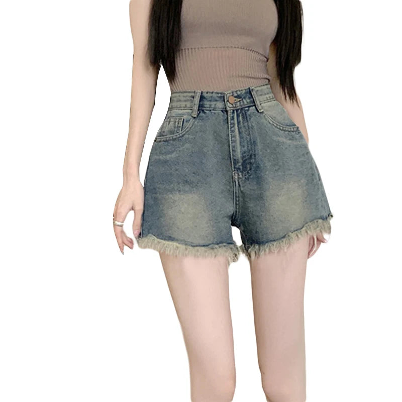 Hnewly y2k Denim Shorts Women Summer High Waist Wide Leg Loose Fit Tassel Jean Shorts with Pockets 2000s Hot Pants Streetwear