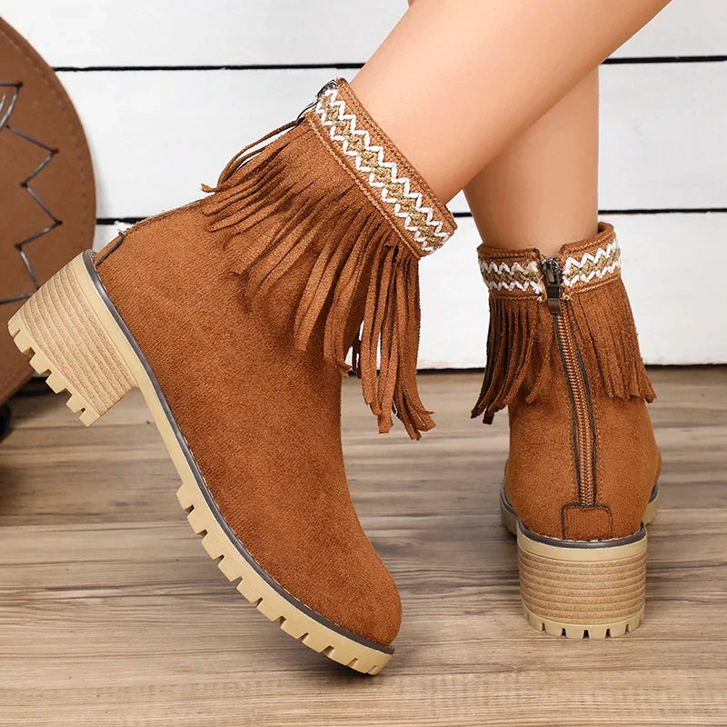 Hnewly Womens Fashion Embroidered Ankle Boots Comfort Thick Wedge Heel Zipper Tassel Faux Suede Short Boots Cowboy Cowgirl Shoes 2024