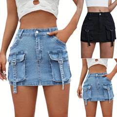 Hnewly  Ladies' Korean Style Harajuku Multi-pockets High Waist Skirt Fashion High Street Sexy Stretch Slim Fit Distressed Denim Skirt