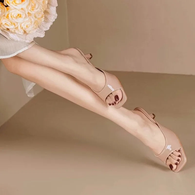 Hnewly  High-heeled Sandals New Versatile Stiletto Square-toe Sexy Slip-on Slippers