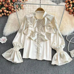 Hnewly Vintage Solid Blouses Women Elegant Acetate Satin Stand Collar Flare Sleeve Design New Chic Sweet Loose Ruffles Female Mujer