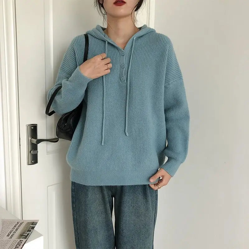 Hnewly  Hooded Sweater for Women Loose Button Front Long Sleeve Rib Knit Pullovers Hoodie Fall Winter Teen-girl Casual Chic Outfit