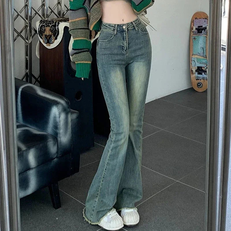 Hnewly Woman High Waist Vintage Streetwear Flare Jeans Female Elastic Grunge Bell Bottom Pants Girls Fashion Blue Denim Trousers