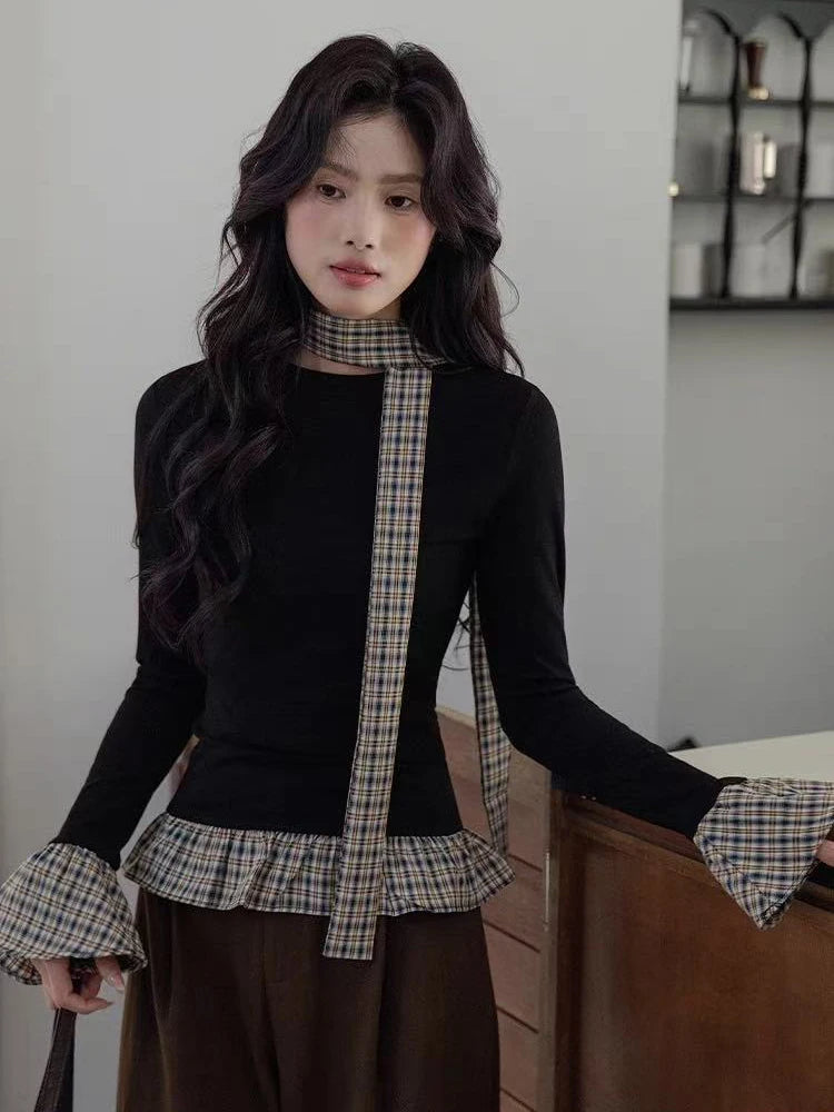 Hnewly Korean Chic Patchwork Women Black Pullover Autumn New Plaid Stitching Fake 2 Pieces Top Sweet Bow Tie Long Sleeve T Shirts Mujer