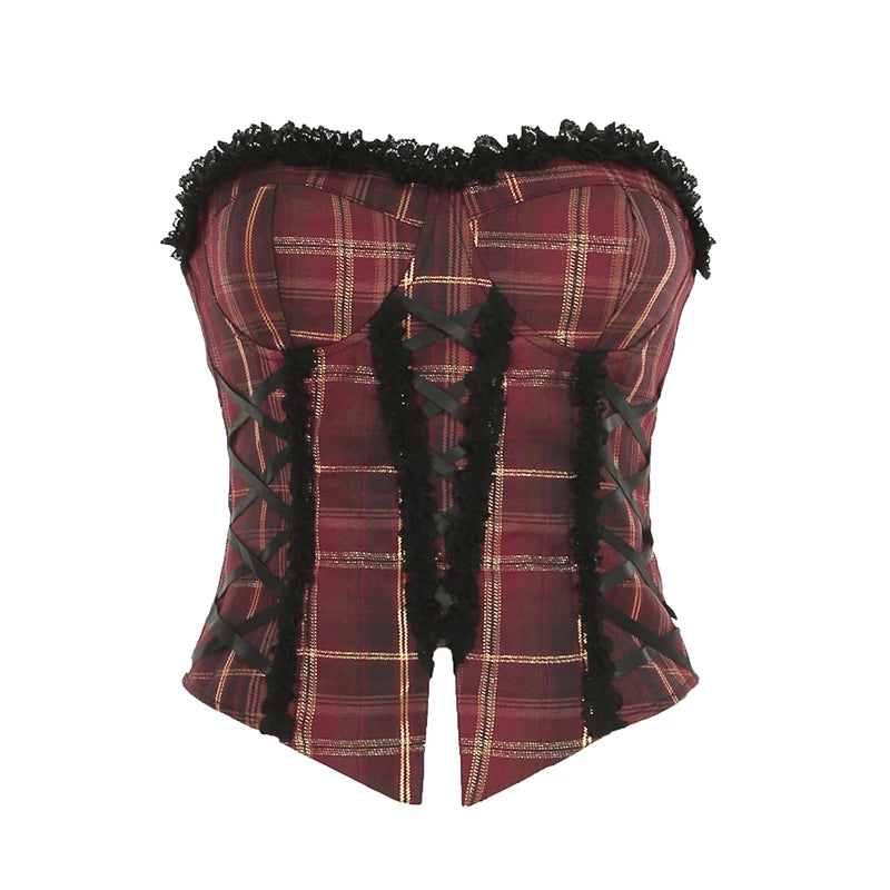Hnewly rave inspo outfits Christmas Red Plaid Lace Trim Bandage Women’s Straps Tops Skinny Hotsweet Festive Atmosphere Blouses Fashion Trendy