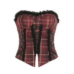 Hnewly rave inspo outfits Christmas Red Plaid Lace Trim Bandage Women’s Straps Tops Skinny Hotsweet Festive Atmosphere Blouses Fashion Trendy