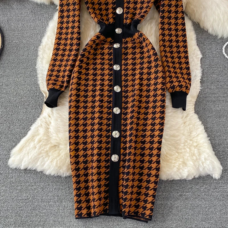 Hnewly  V-neck Sweater Dress Autumn New Versatile Slim Knitted Dresses Elegant Single Breasted High Waisted A-line Gown