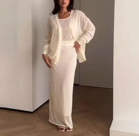 Hnewly  Women's Elegant Soft Two-Piece Set Long Sleeve Multi Button Coat  and Sleeveless Strap Dress Design for Leisure Wear ﻿