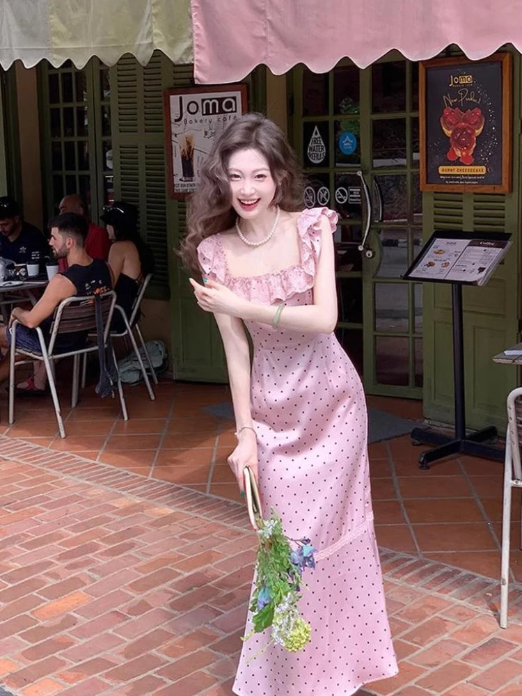 Hnewly French Elegant Satin Midi Dress Female Casual Vintage Lace Sleeveless Ruffles Dress One Piece Dress Korean Fashion Evening Party