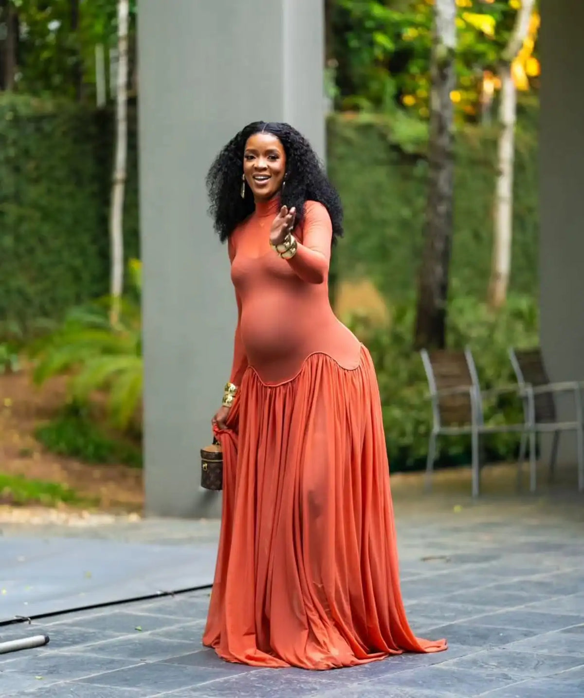Hnewly  Orange‑Red Maternity Evening Gown with Sheer Mesh Overlay, Wave Waist & Flowing Chiffon Pleated Skirt – Summer Party Dress