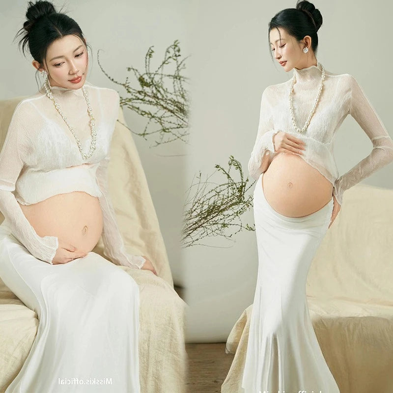 Hnewly  Maternity Photo Shoot Dresses for Studio White Minimalist Style Indoor Portrait Gowns for Pregnant Women Photography Outfits