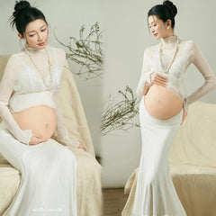 Hnewly  Maternity Photo Shoot Dresses for Studio White Minimalist Style Indoor Portrait Gowns for Pregnant Women Photography Outfits