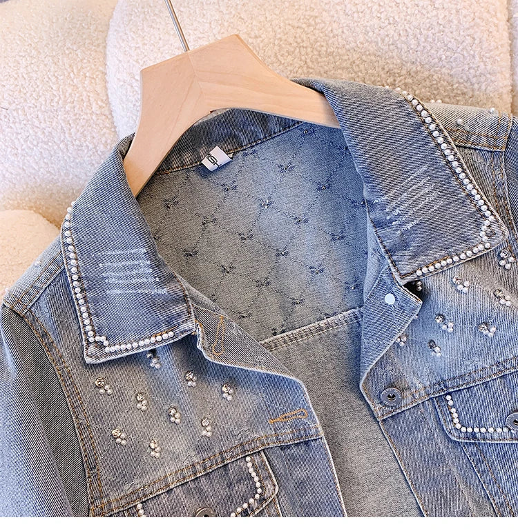 Hnewly  Women Denim Jacket Spring Autumn 2025 New Popular Sweet Luxury Beaded Short Top Loose Long Sleeve Lapel Single Breasted  Coat